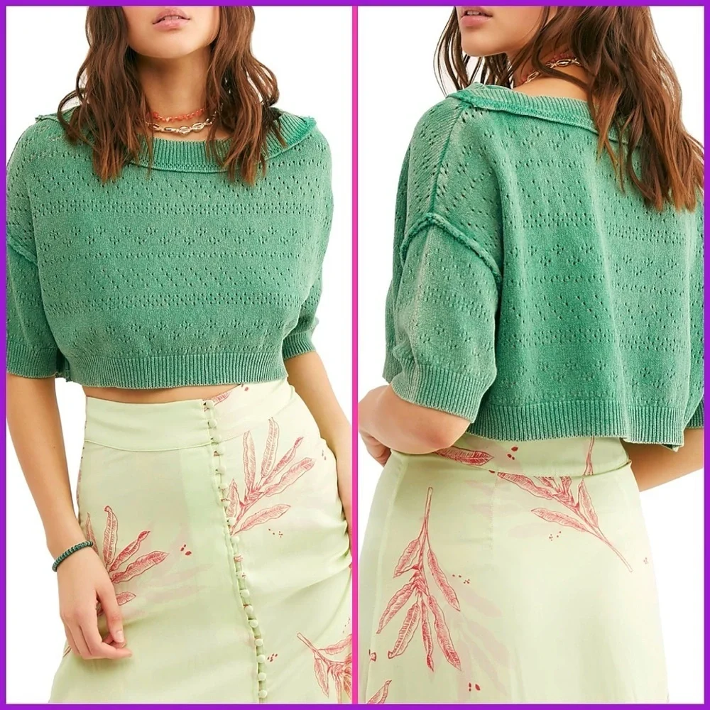 Free People Sand Castle Green Cropped Sweater Top